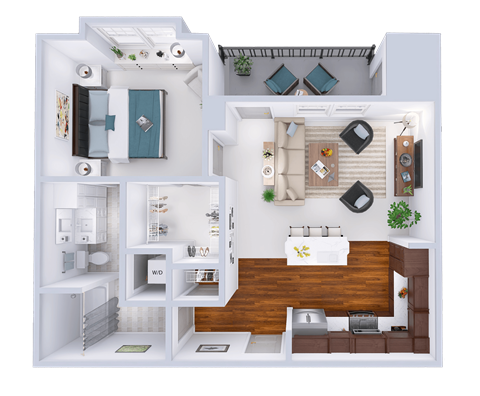 Floor plan for 1 bed, 1 bath, 744 sqft